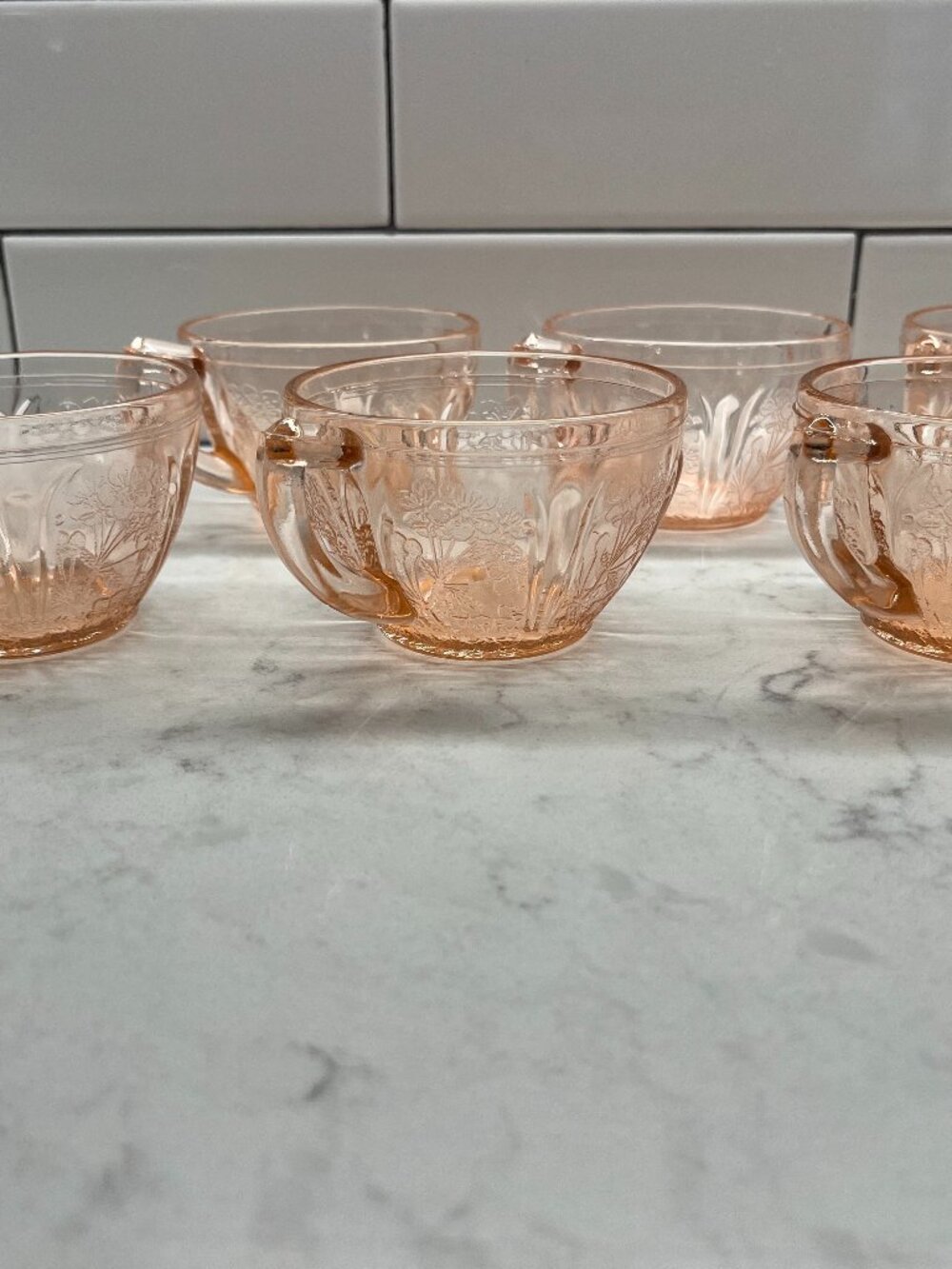 (6) Vintage Pink Depression Jeannette Glass Cherry Blossom Teacups